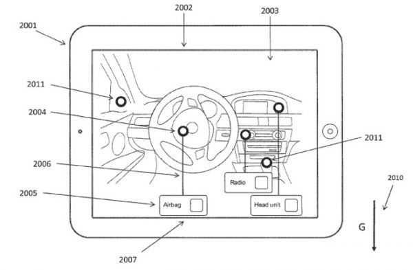 Patent illustration of how an iPad could be used to indicate the features of a car in AR